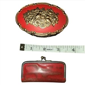 Vintage Jewlery Holder Trinket Box & Manicure Set Bundle Gold and Red Floral